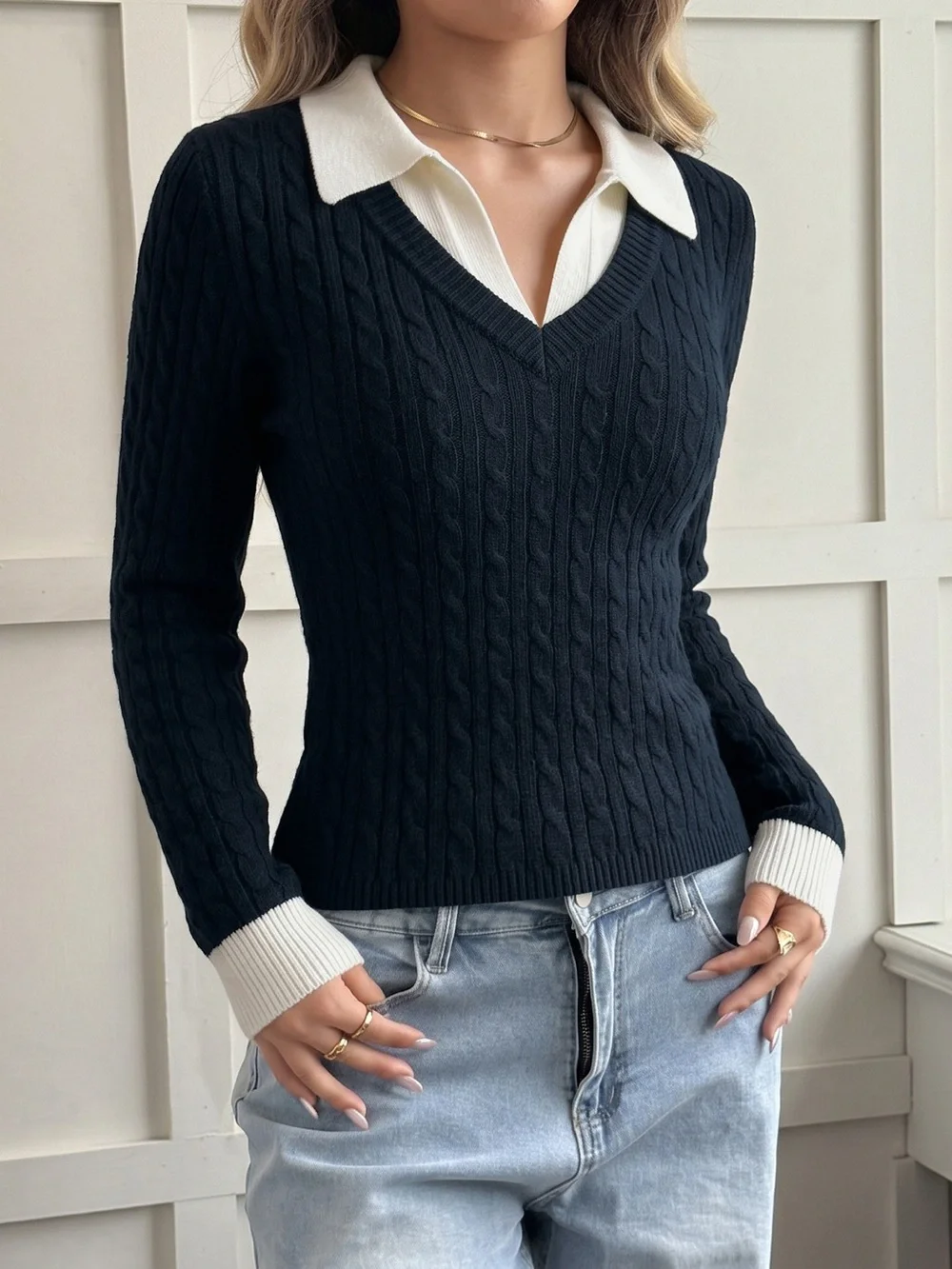 Cable Knit Contrast Collar Sweater